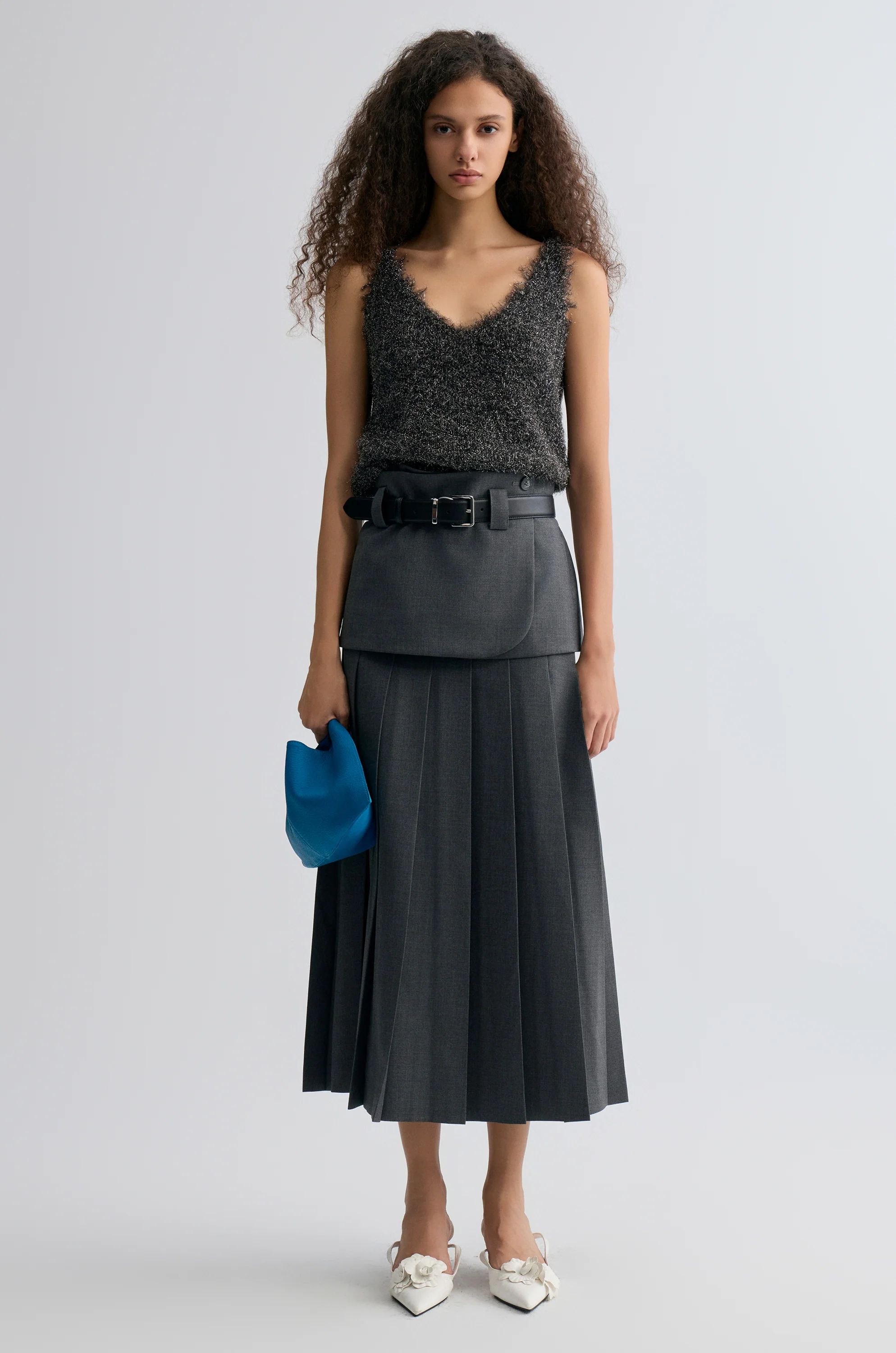 Double-layered Pleated Gabardine Skirt Grey melange - Image 3