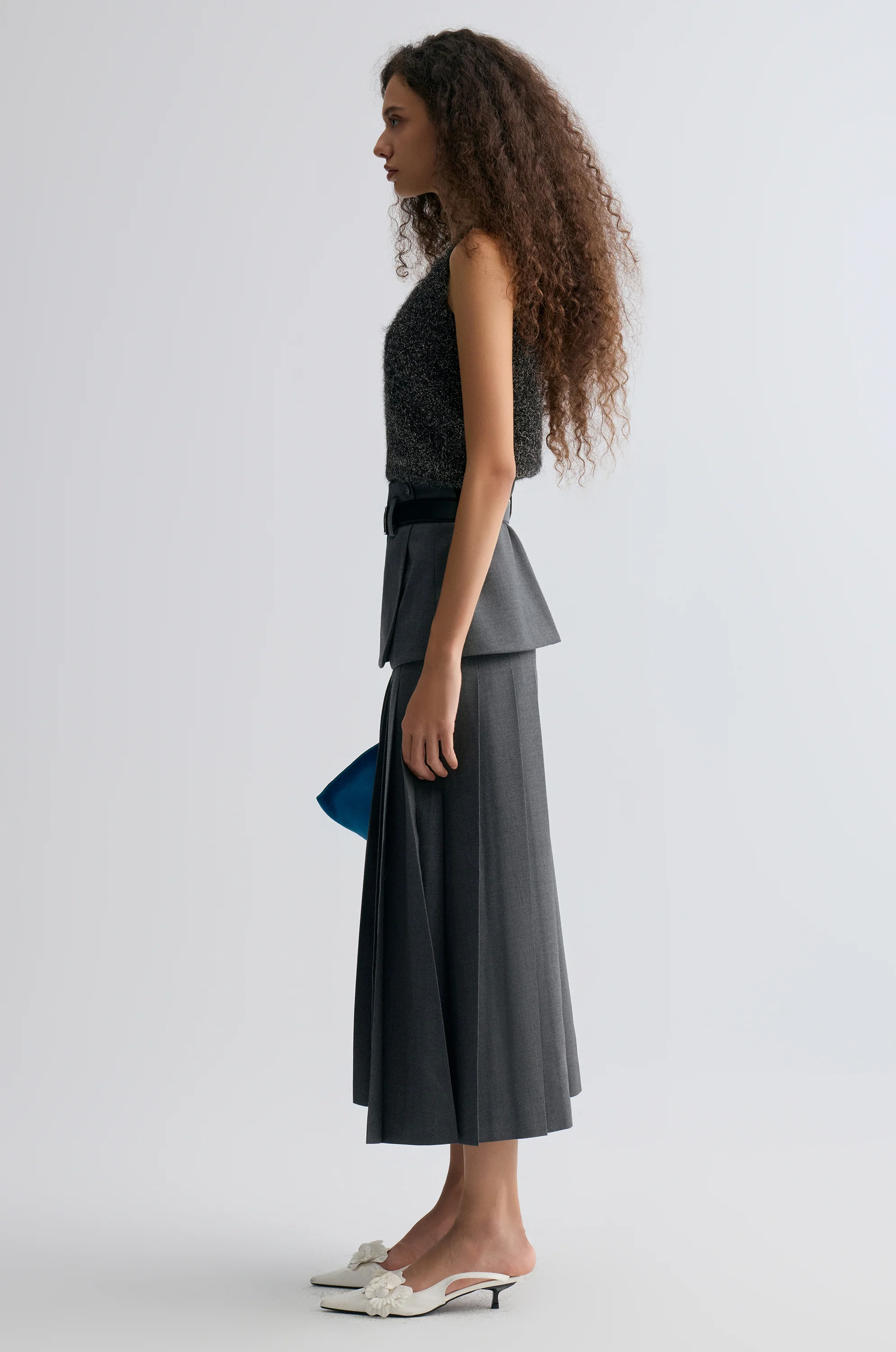 Double-layered Pleated Gabardine Skirt Grey melange - Image 4