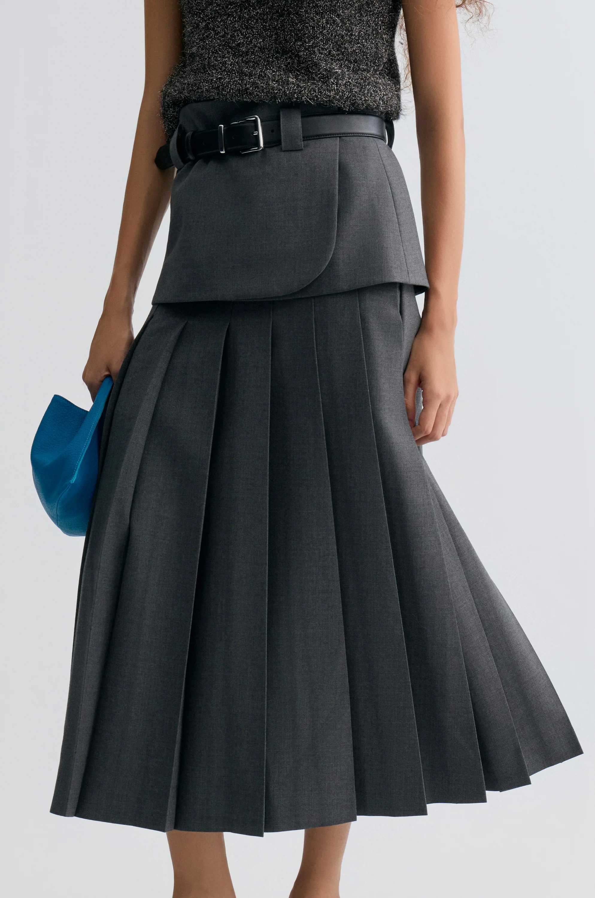 Double-layered Pleated Gabardine Skirt Grey melange - Image 9