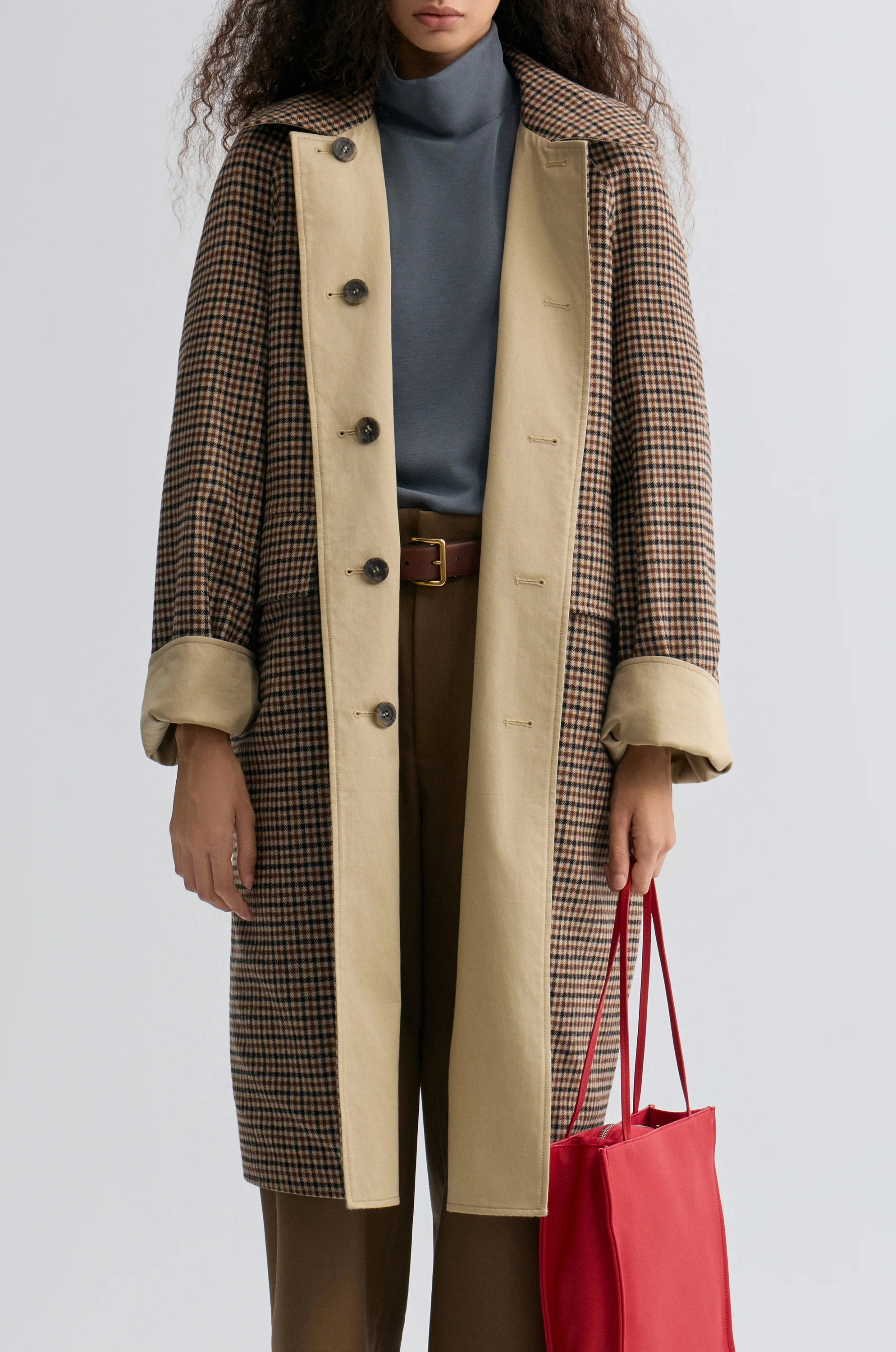 Reversible Twill and Check Trench Coat Beige - Image 7