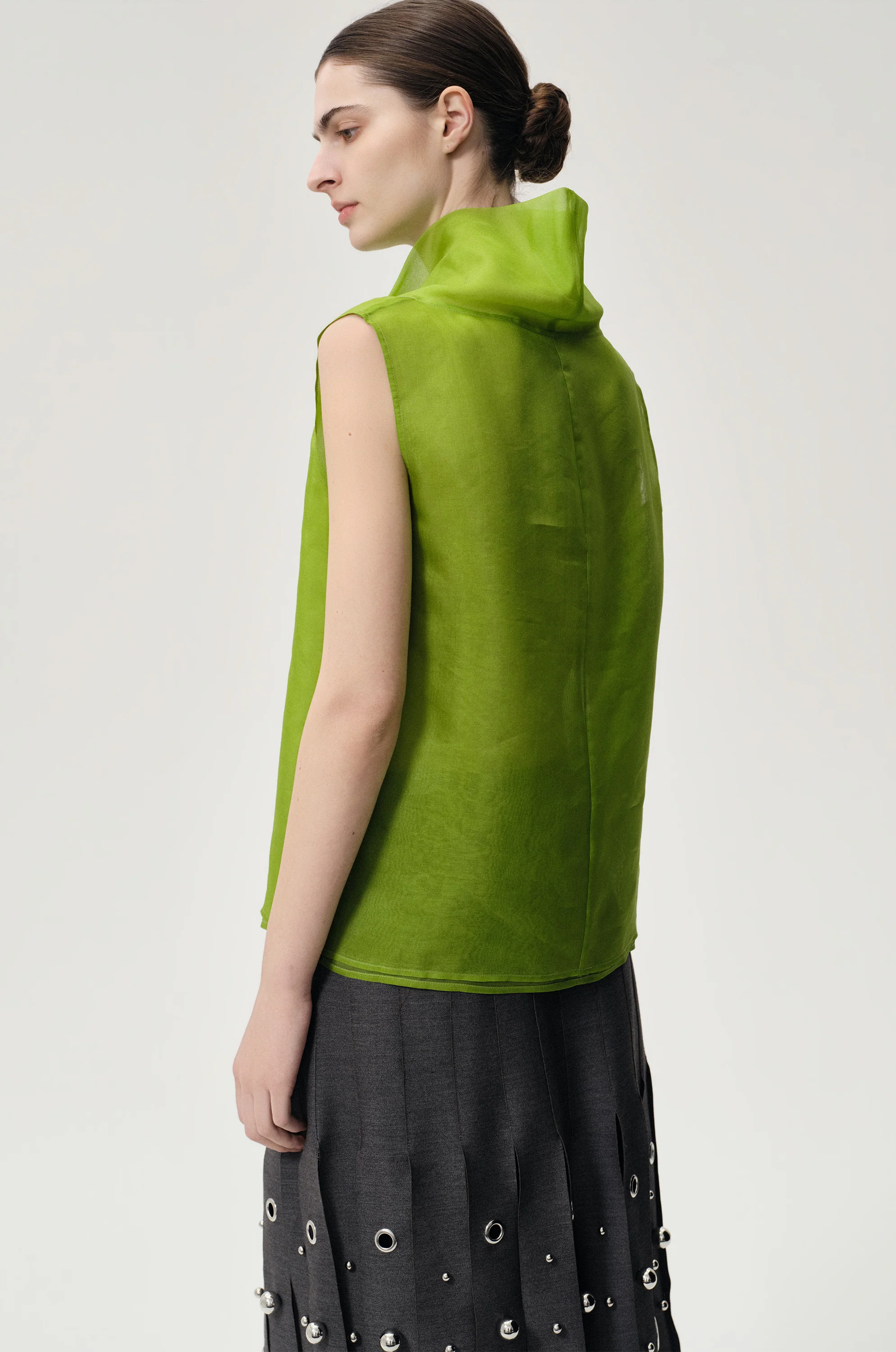 Silk Organza Turtleneck Top Ivy Green - Image 4