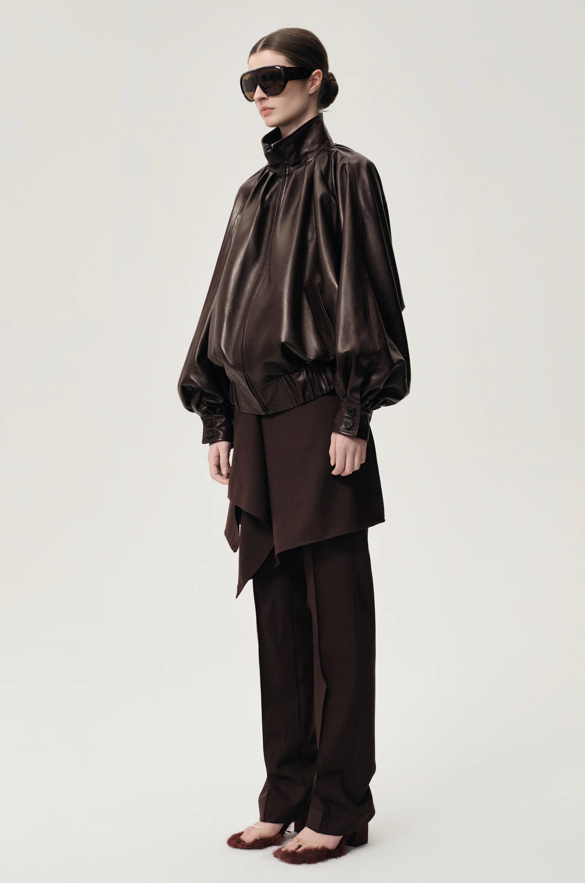 Soft Pleated Balloon Leather Jakcet Dark Brown - Image 5