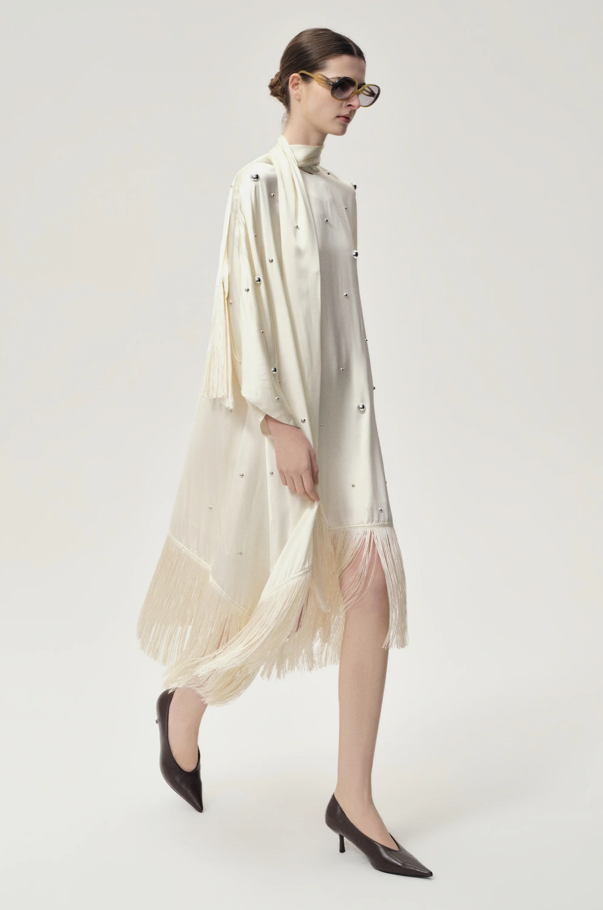 Stud-embellished Scarf Dress Ivory - Image 8