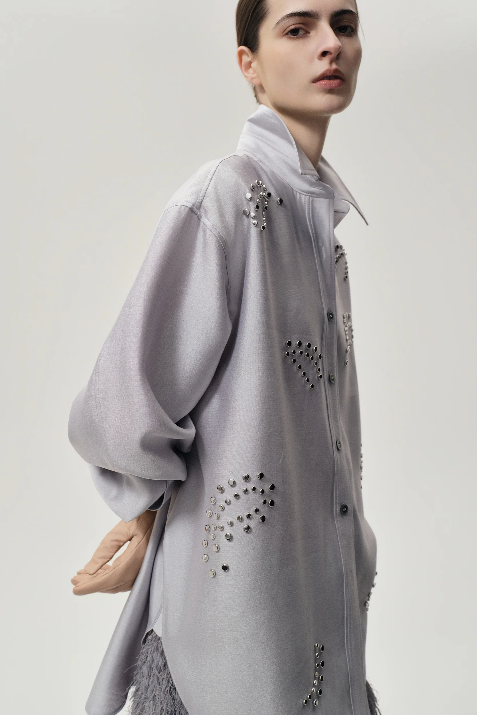Stud-embellished Shirt Pale Grey