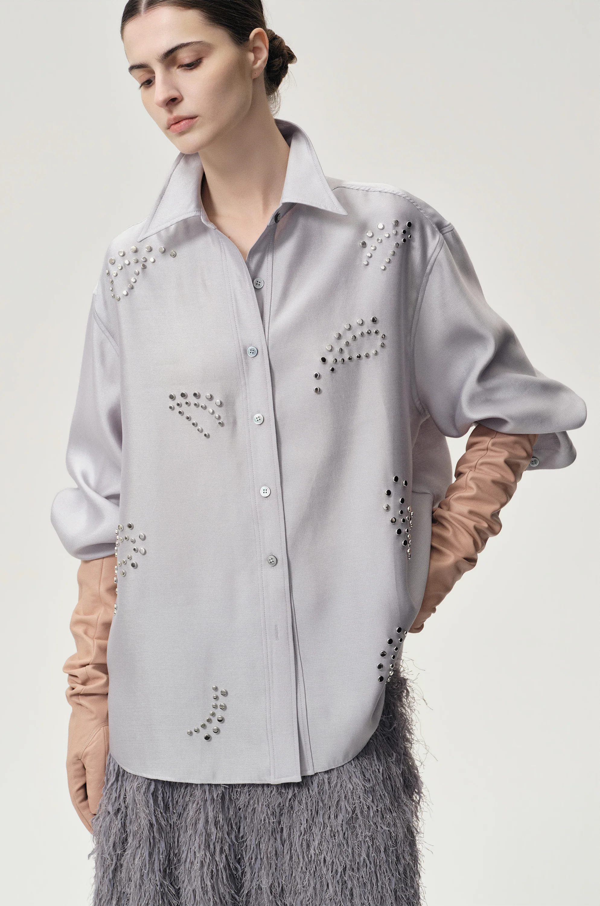 Stud-embellished Shirt Pale Grey - Image 6