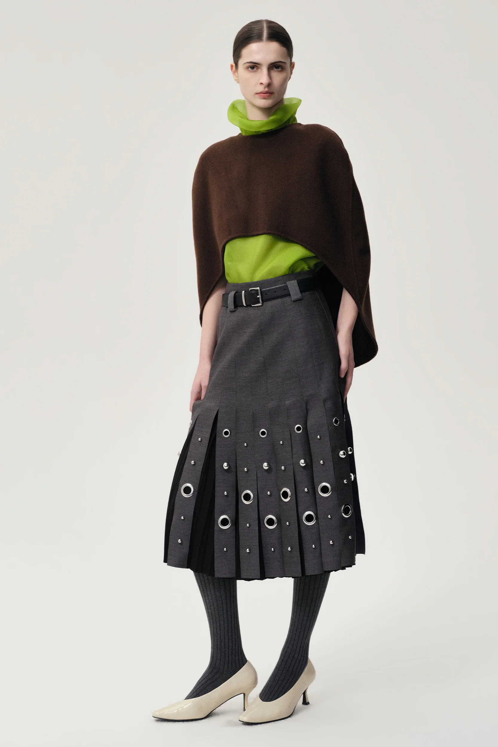 Studded Layered Pleat Skirt Grey Melange