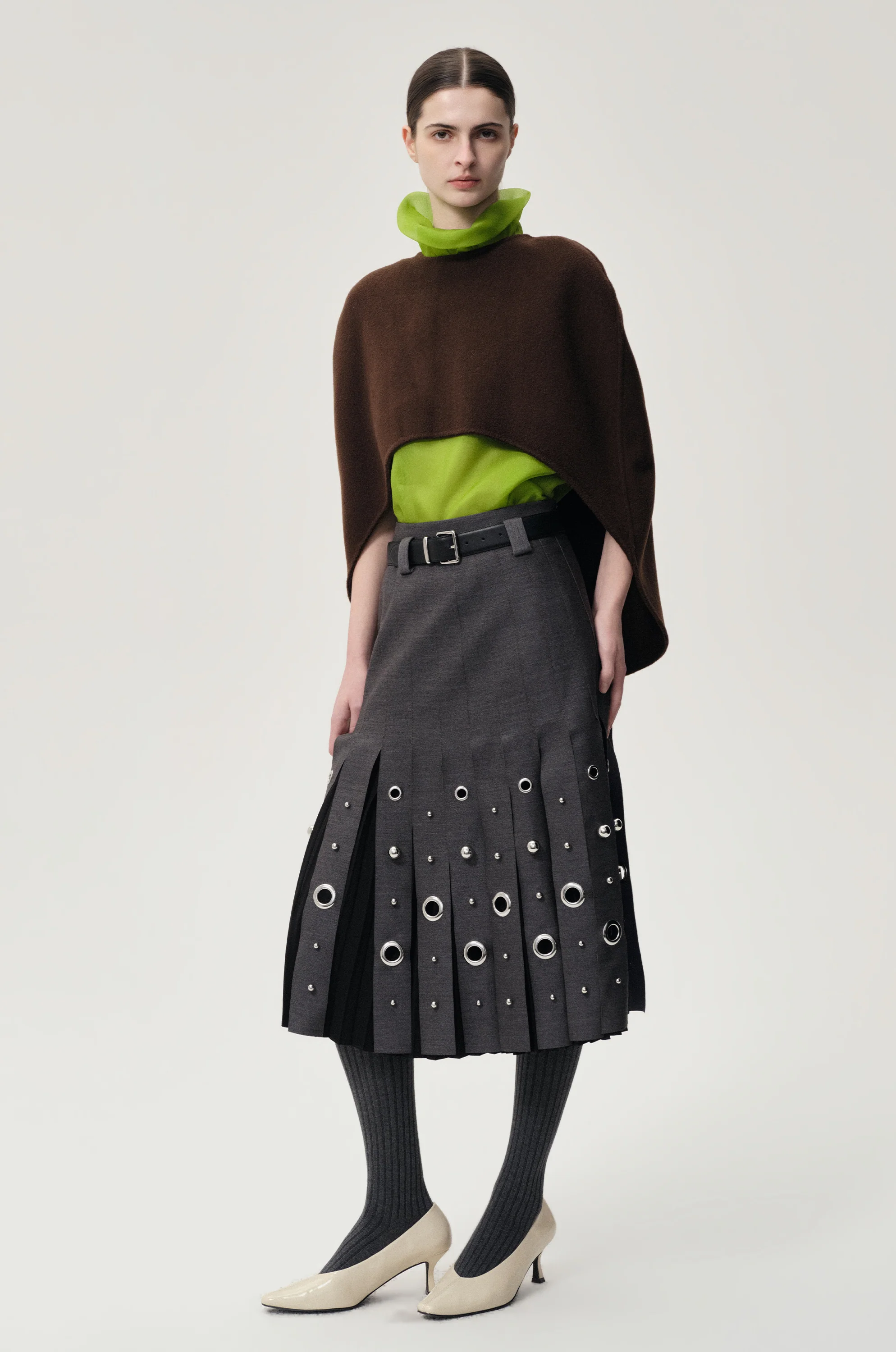 Studded Layered Pleat Skirt Grey Melange - Image 5