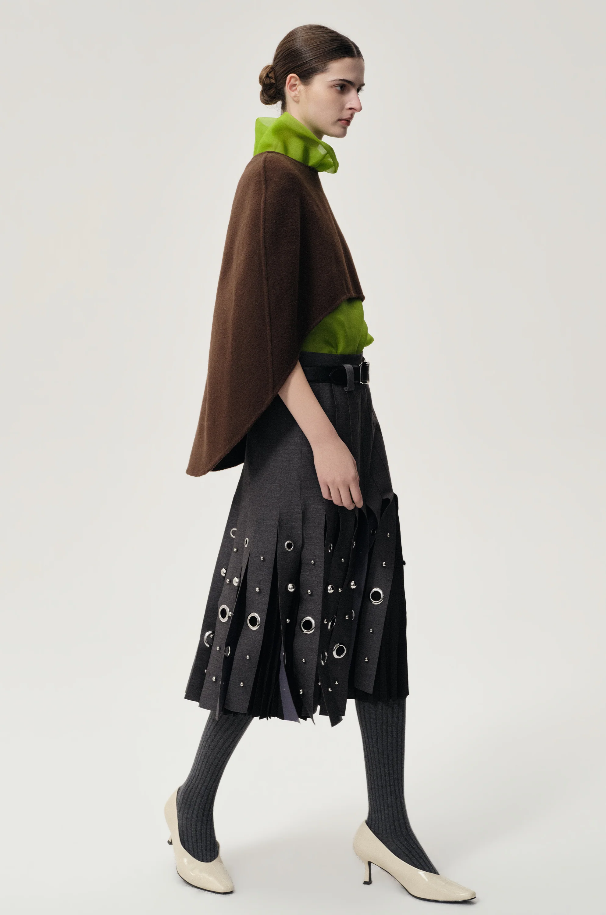 Studded Layered Pleat Skirt Grey Melange - Image 6