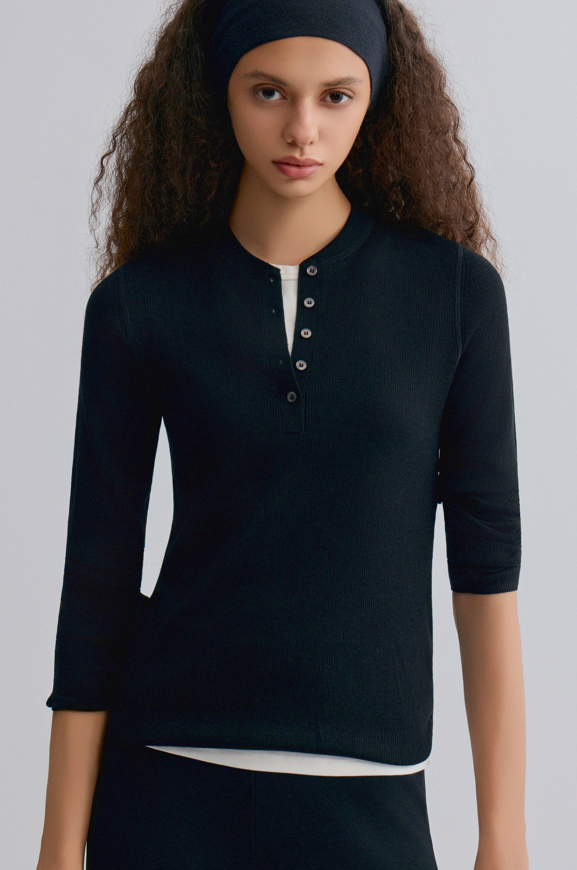 Superfine Merino Wool Knit Henley Black - Image 3