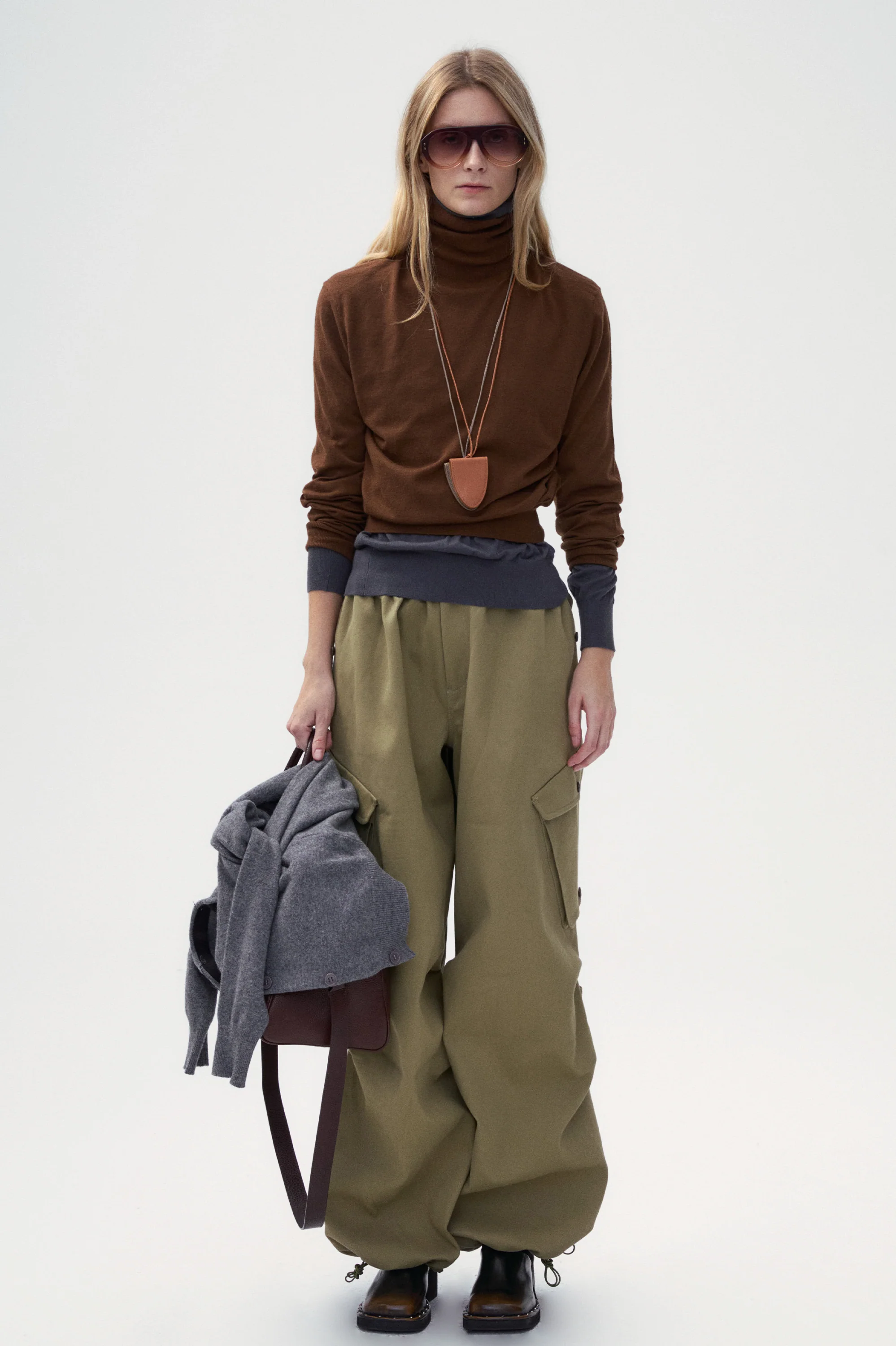 Khaki Cotton Twill Cargo Wide Pants - Image 3