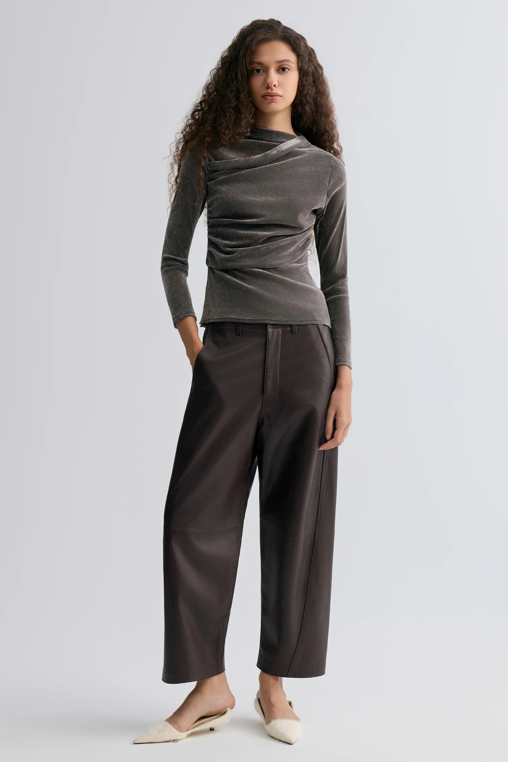 Velvet Mesh Asymmetric Draped Top Faded Grey