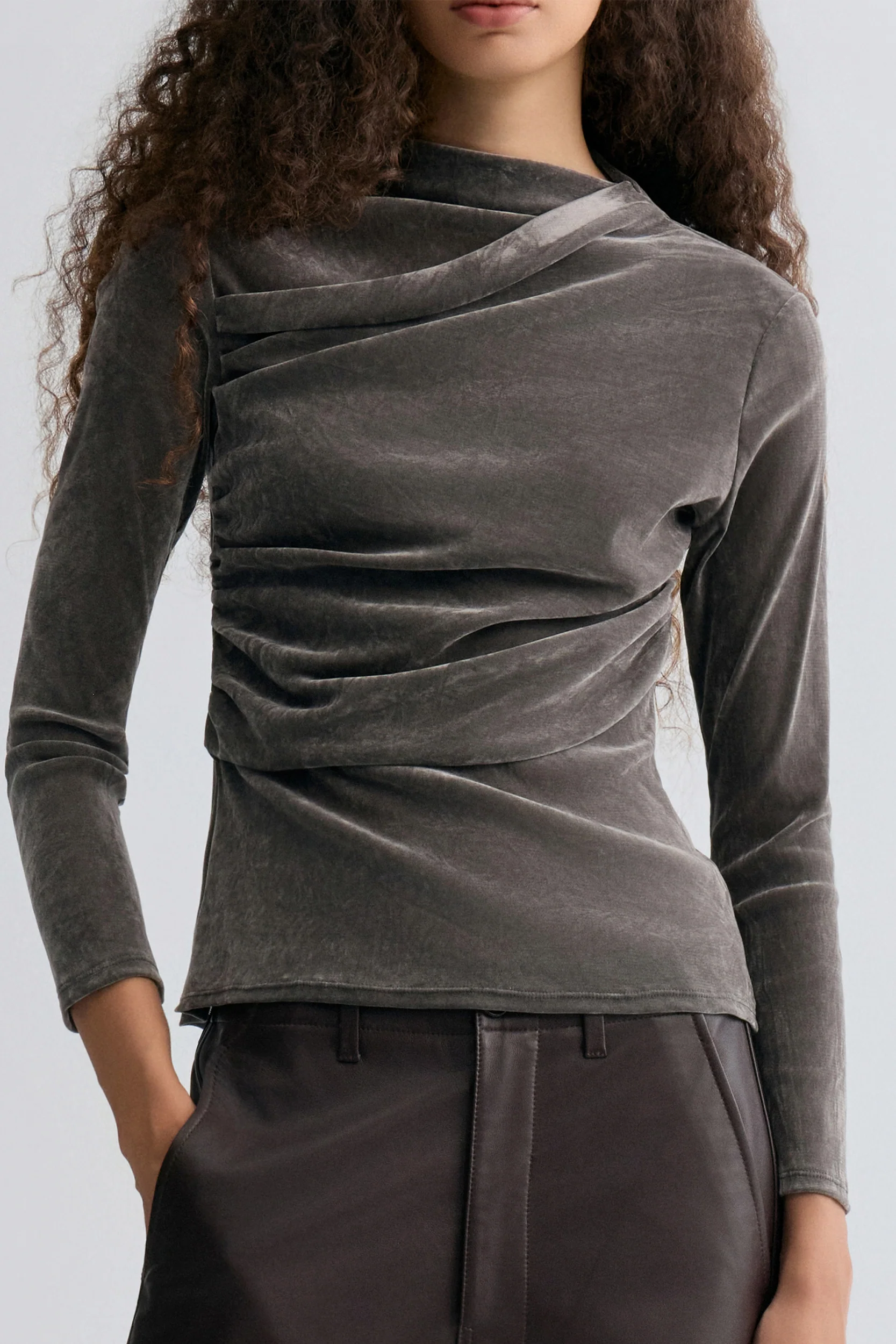 Velvet Mesh Asymmetric Draped Top Faded Grey - Image 2