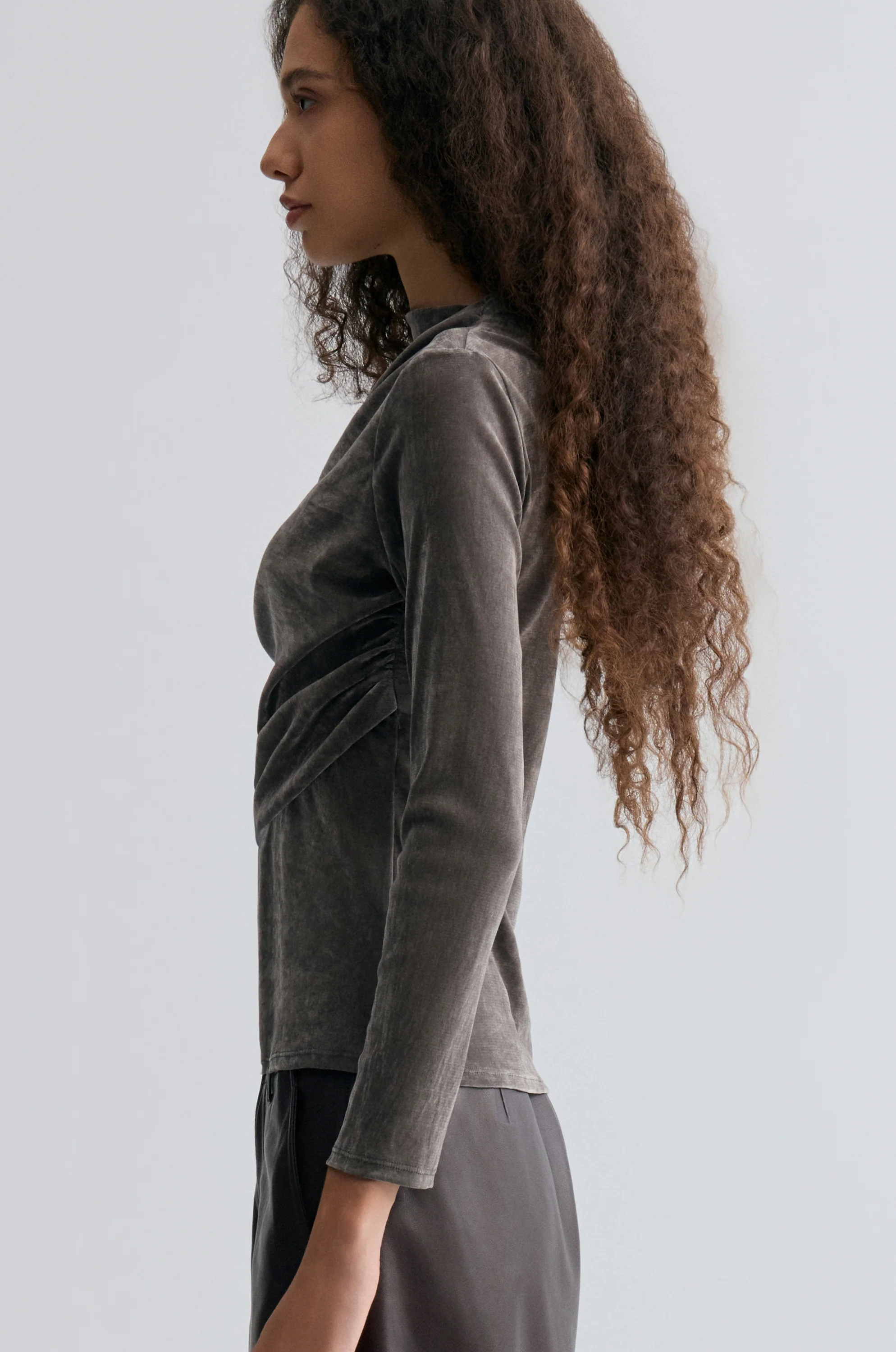 Velvet Mesh Asymmetric Draped Top Faded Grey - Image 4
