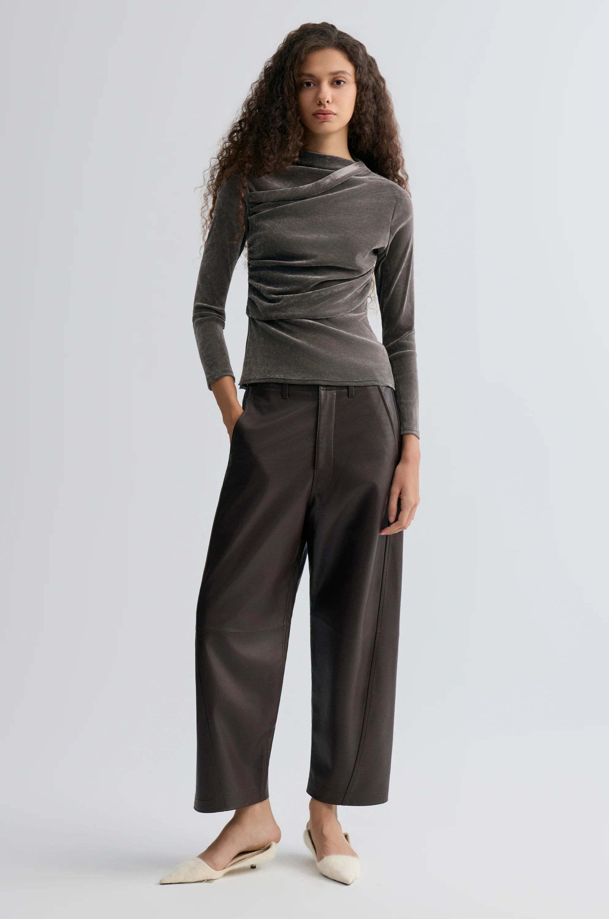 Velvet Mesh Asymmetric Draped Top Faded Grey - Image 5