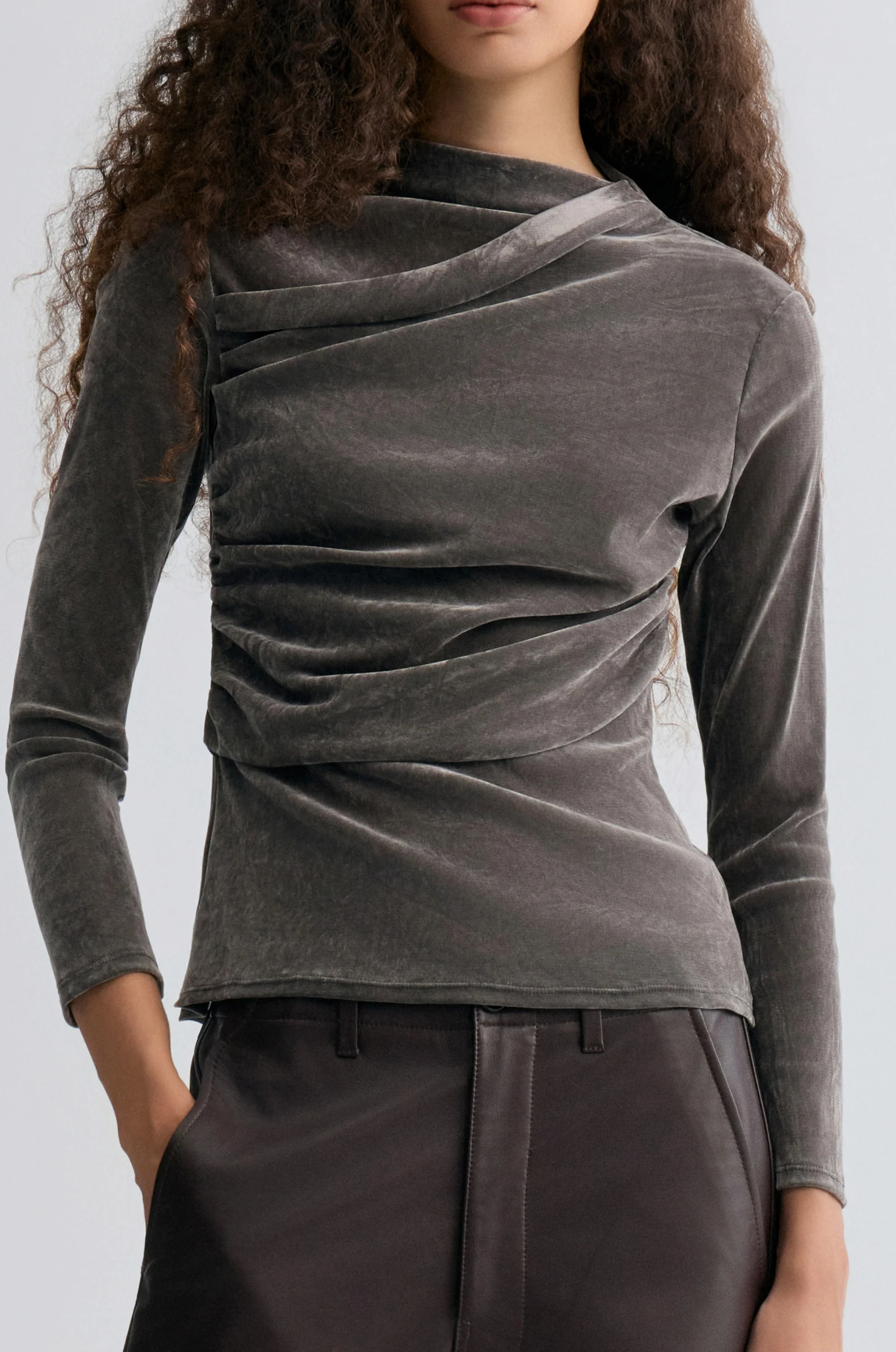 Velvet Mesh Asymmetric Draped Top Faded Grey - Image 6