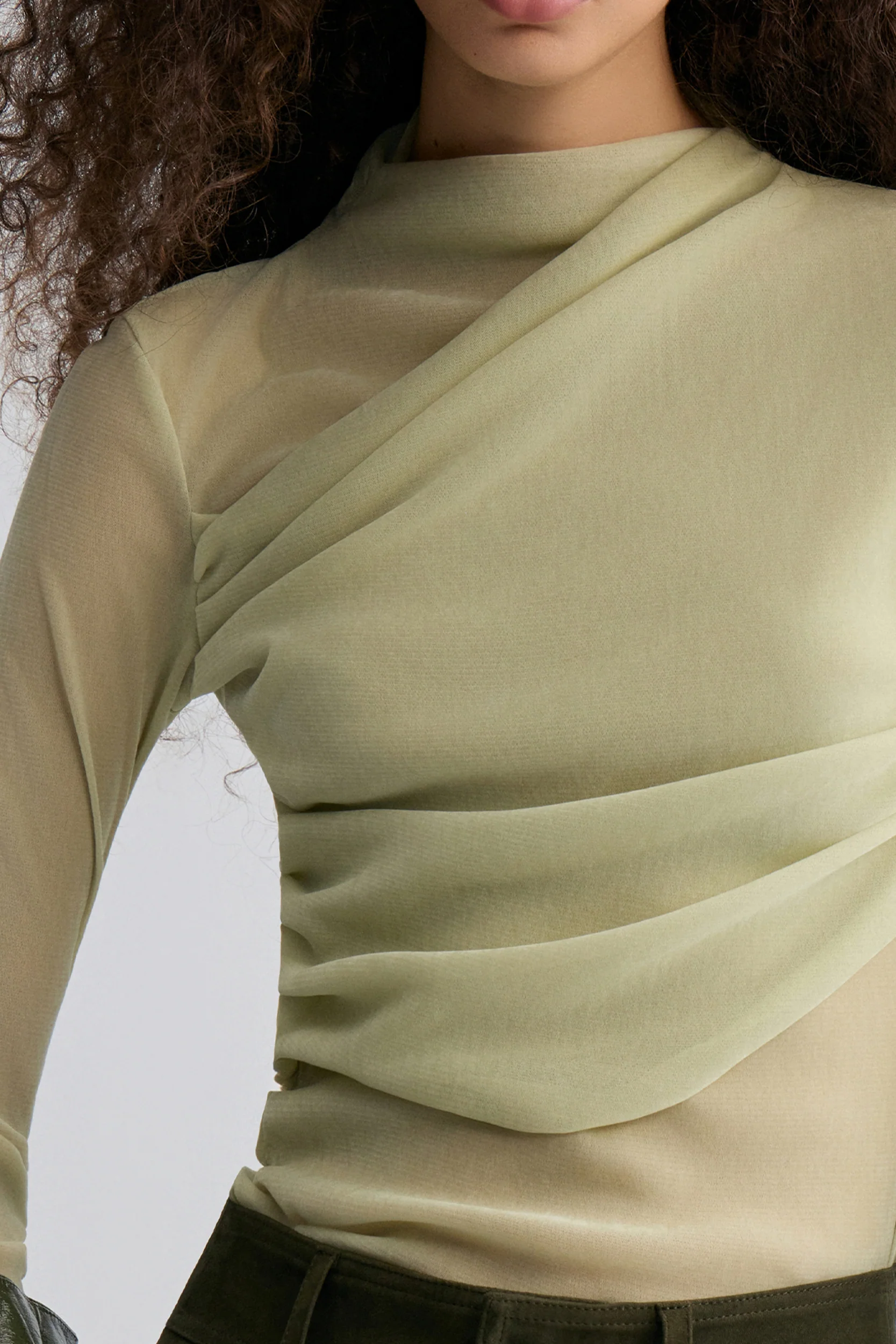 Velvet Mesh Asymmetric Draped Top Lime - Image 2